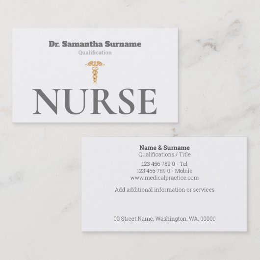 Medisch goudkleurig wit caduceus zuster visitekaartje (Voorkant / Achterkant)