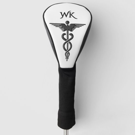 Medisch insigne caduceus wit monogram golfheadcover (Voorkant)