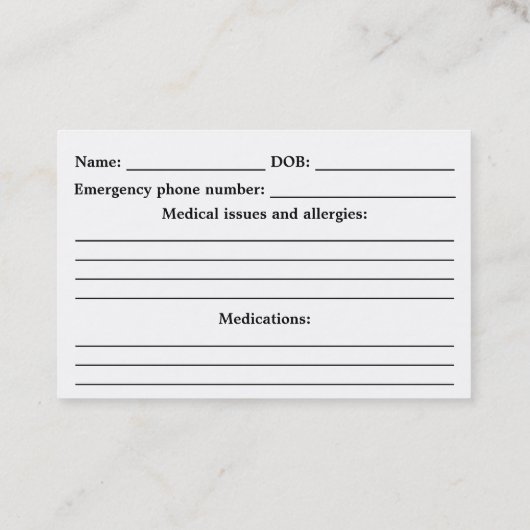 Medisch waarschuwingsnummer -  visitekaartje (Achterkant)