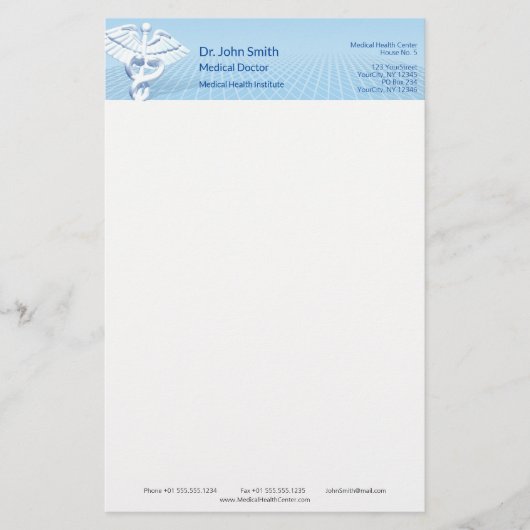Medisch Wit 3D Caduceus Blauw Design Briefpapier (Voorkant)