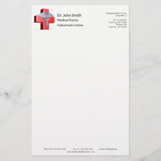 Medisch Zilver 3D Caduceus Kruis Rood Briefpapier (Voorkant)