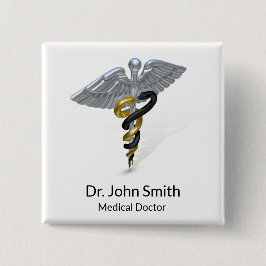 Medisch Zilver Caduceus Zwart Goud - Button