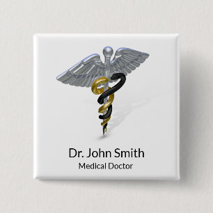 Medisch Zilver Caduceus Zwart Goud - Button