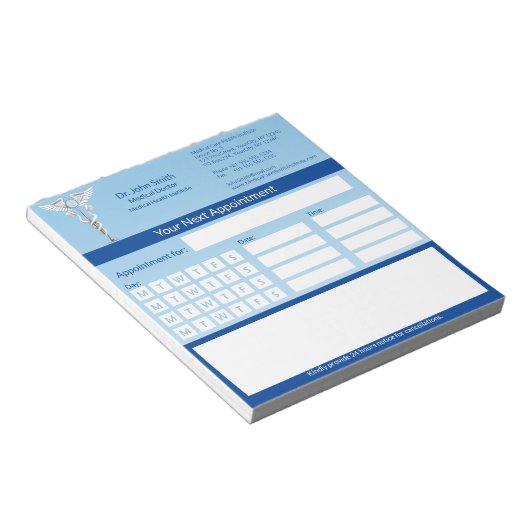 Medische afspraak met witte caduceus voor tandheel notitieblok (Schuin)