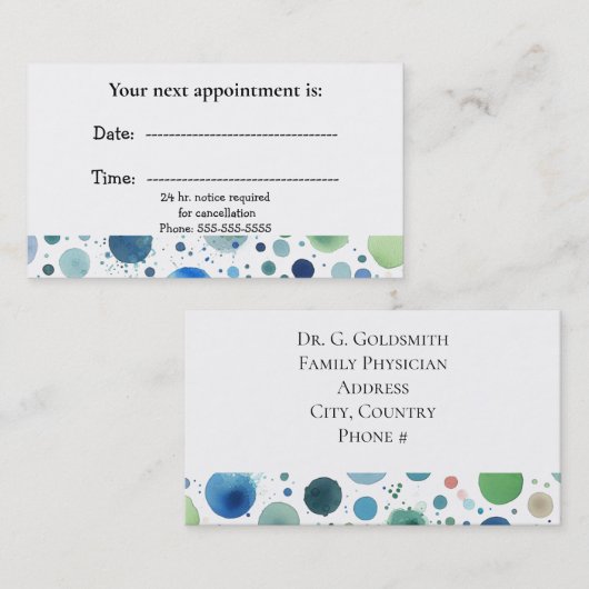 Medische Afspraakkaart Waterverf Stippen Afsprakenkaartje (Voorkant / Achterkant)
