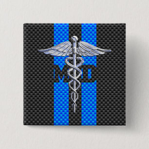 Medische arts MD Caduceus Carbon Fiber Stripes Vierkante Button 5,1 Cm
