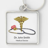 Medische Caduceus Goud & Stethoscoop met Hart Sleutelhanger (Voorkant)
