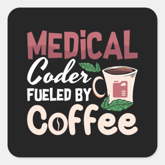 Medische coder die wordt gevoed door een coffee co vierkante sticker (Voorkant)