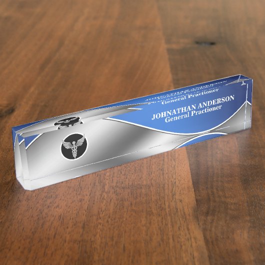 Medische geneeskunde Silver Caduceus blauw Naambordje (Zijkant)
