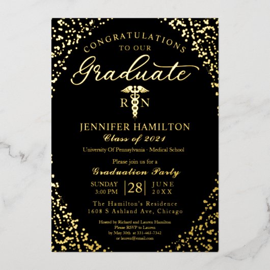 Medische School Afstudeerder Party Zwart Goud Folie Uitnodiging (Voorkant)
