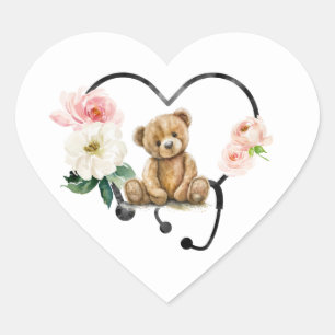 Medische teddybeer bloemenstethoscoop hart sticker