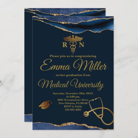 Medische Universitaire Marine Blauw en Goud Afstud Kaart (Voorkant / Achterkant)