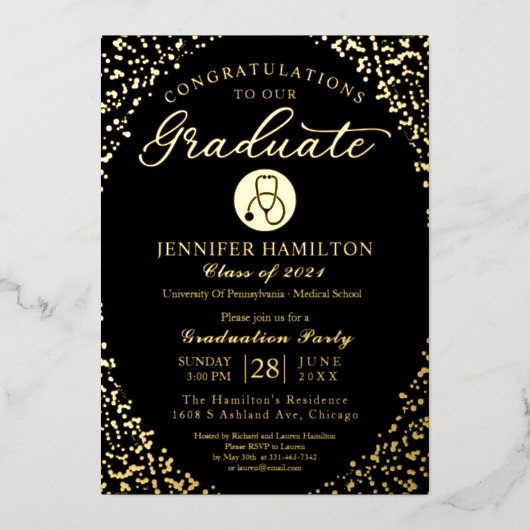 Medische verpleegschool Afstudeerder Party Zwart G Folie Uitnodiging (Voorkant)