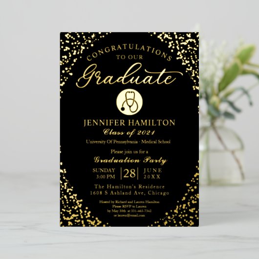 Medische verpleegschool Afstudeerder Party Zwart G Folie Uitnodiging (Staand Voorkant)