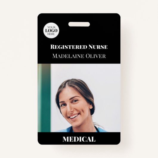 Medische Verpleegster ID Foto Zwart Eenvoudige Log Badge (Voorkant)