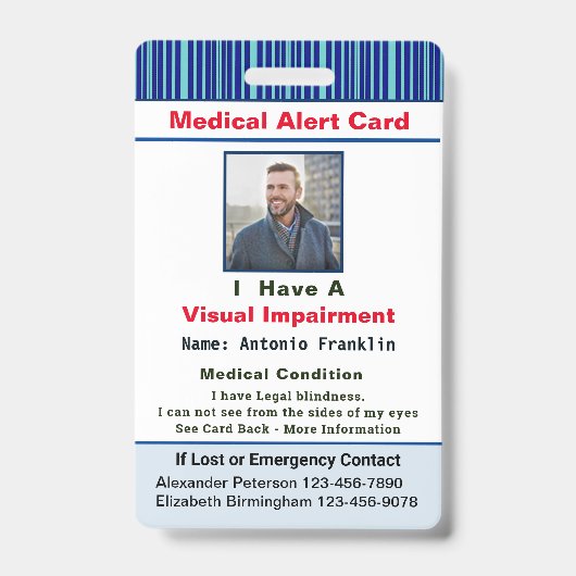 Medische waarschuwing Fotonaam Contactkaart Aangep Badge (Front)