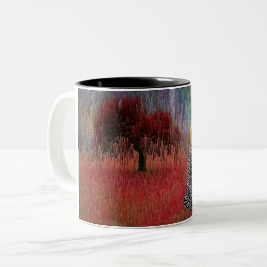 Meditatie in het surrealistische landschap tweekleurige koffiemok (Voorkant links)