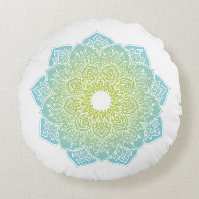 Meditatiekussens met blauwgroen groen mandala rond kussen (Voorkant)