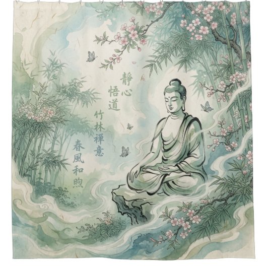 Meditatieve Boeddha Bamboe Inkt Kunst Douchegordijn (Voorkant)