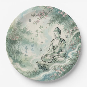 Meditatieve Boeddha Bamboe Inkt Kunst Papieren Bordje