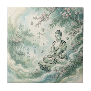 Meditatieve Boeddha Bamboe Inkt Kunst Tegeltje