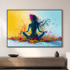 Meditatieve vrouw lotushouding yoga kleurrijke blo canvas afdruk
