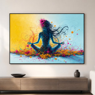 Meditatieve vrouw lotushouding yoga kleurrijke blo canvas afdruk