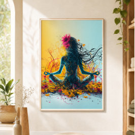 Meditatieve vrouw lotushouding yoga kleurrijke blo poster