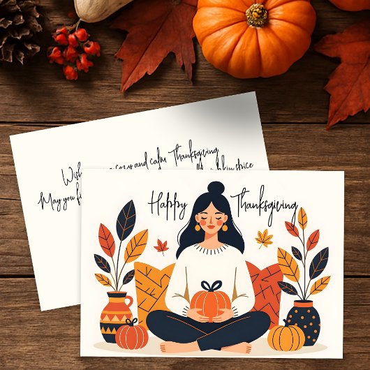 Meditatieve vrouw met pompoen Happy Thanksgiving Kaart