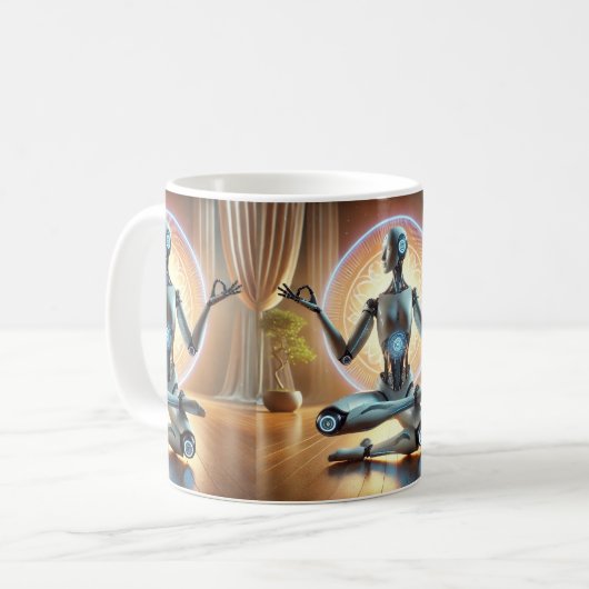 Meditating AI Robot Mug – Zen Cybernetic Koffiemok (Voorkant links)