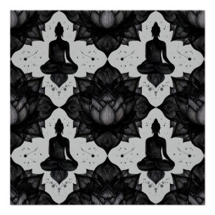 Meditating Buddha Zwarte Lotus Zen Patroon Poster