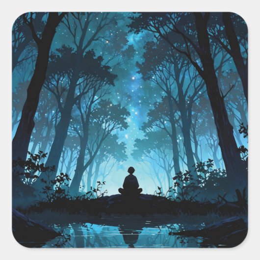 Meditation in the forest at night vierkante sticker (Voorkant)