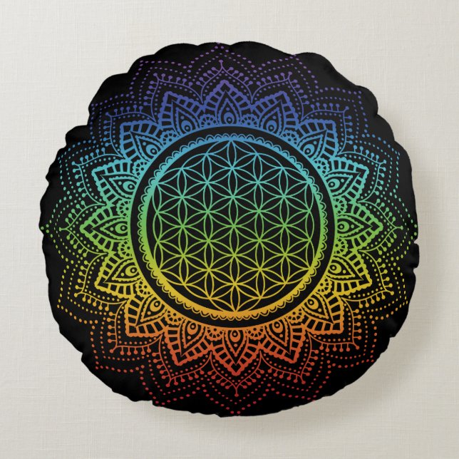 Meditation Pillow Flower of life Mandala Chakra Rond Kussen (Voorkant)