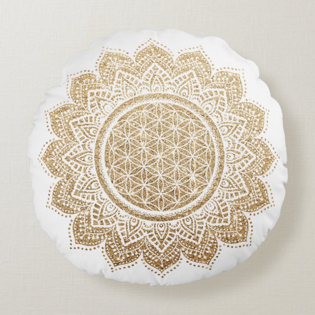 Meditation Pillow Flower of life Mandala Gold Rond Kussen (Voorkant)