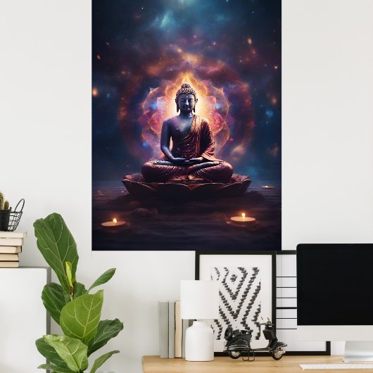 Mediterende Boeddha met Mandala in het Universum Poster (Thuiskantoor)