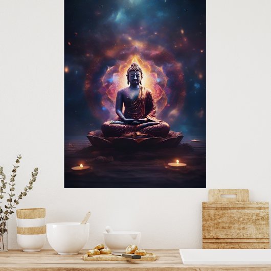Mediterende Boeddha met Mandala in het Universum Poster (Keuken)