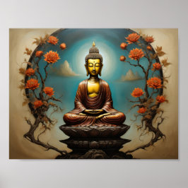 Mediterende Gautama Boeddha met bloemen boom Poster