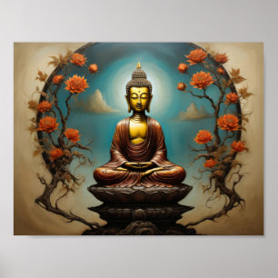 Mediterende Gautama Boeddha met bloemen boom Poster