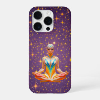 Mediterende vrouw & sterrenhemel paarse lucht iPhone 16 pro hoesje