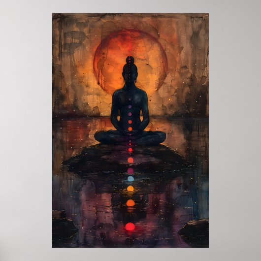 Mediterende vrouw Sunset Zee Schilderen Poster (Voorkant)