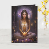 Mediterende yoga meisje, kristallen amethist verja kaart (Gele Bloem)