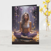 Mediterende yoga meisje, kristallen amethist verja kaart (Gele Bloem)