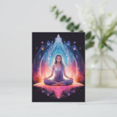 Mediterende yoga meisje, kristallen levendige kleu briefkaart (Staand voorkant)