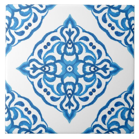 Mediterraan Azulejo Blauw Wit Damask Tegeltje (Voorkant)