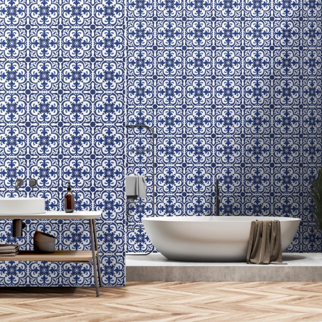 Mediterraan Azulejo patroon blauwe tegel Behang (Badkamer)
