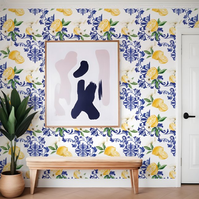 Mediterraan Blauw Antiek Bloemen & Citroenmotief Behang (Mediterranean Blue Antique Floral & Lemon Pattern Wallpaper)