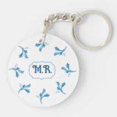 Mediterraan Blauw Bloemtegeltje Monogram Sleutelhanger (Achterkant)