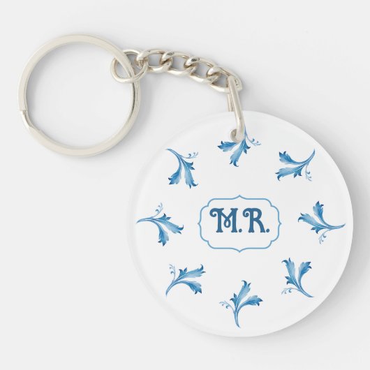 Mediterraan Blauw Bloemtegeltje Monogram Sleutelhanger (Voorkant)
