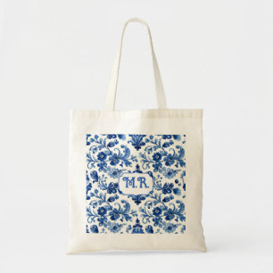 Mediterraan Blauw Bloemtegeltje Monogram Tote Bag