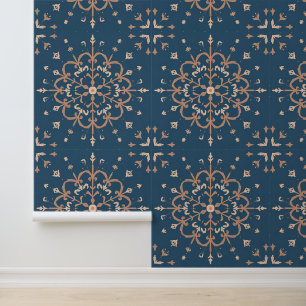 Mediterraan blauw & bruin medaillon patroon behang